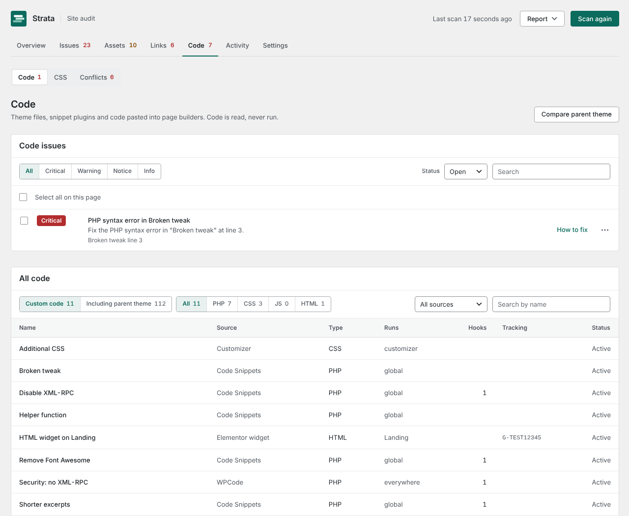 The Code tab with its Code, CSS and Conflicts sub-tabs: a critical PHP syntax error under Code issues with a line saying how to fix it, then every theme file, snippet and builder code block with its source, type, where it runs and what it hooks into.