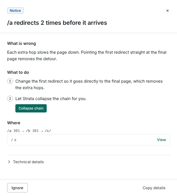A notice opened in Strata: /a redirects 2 times before it arrives. What to do: change the first redirect so it goes straight to the final page, or let Strata collapse the chain, with a Collapse chain button. Where: the path /a to /b to /c.