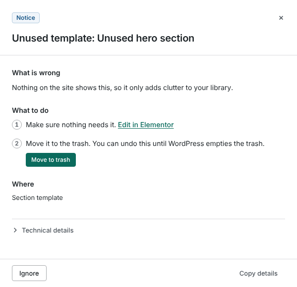A notice opened in Strata: the section template Unused hero section is shown nowhere on the site. What to do: make sure nothing needs it, with a link to edit it in Elementor, then move it to the trash, with a Move to trash button.