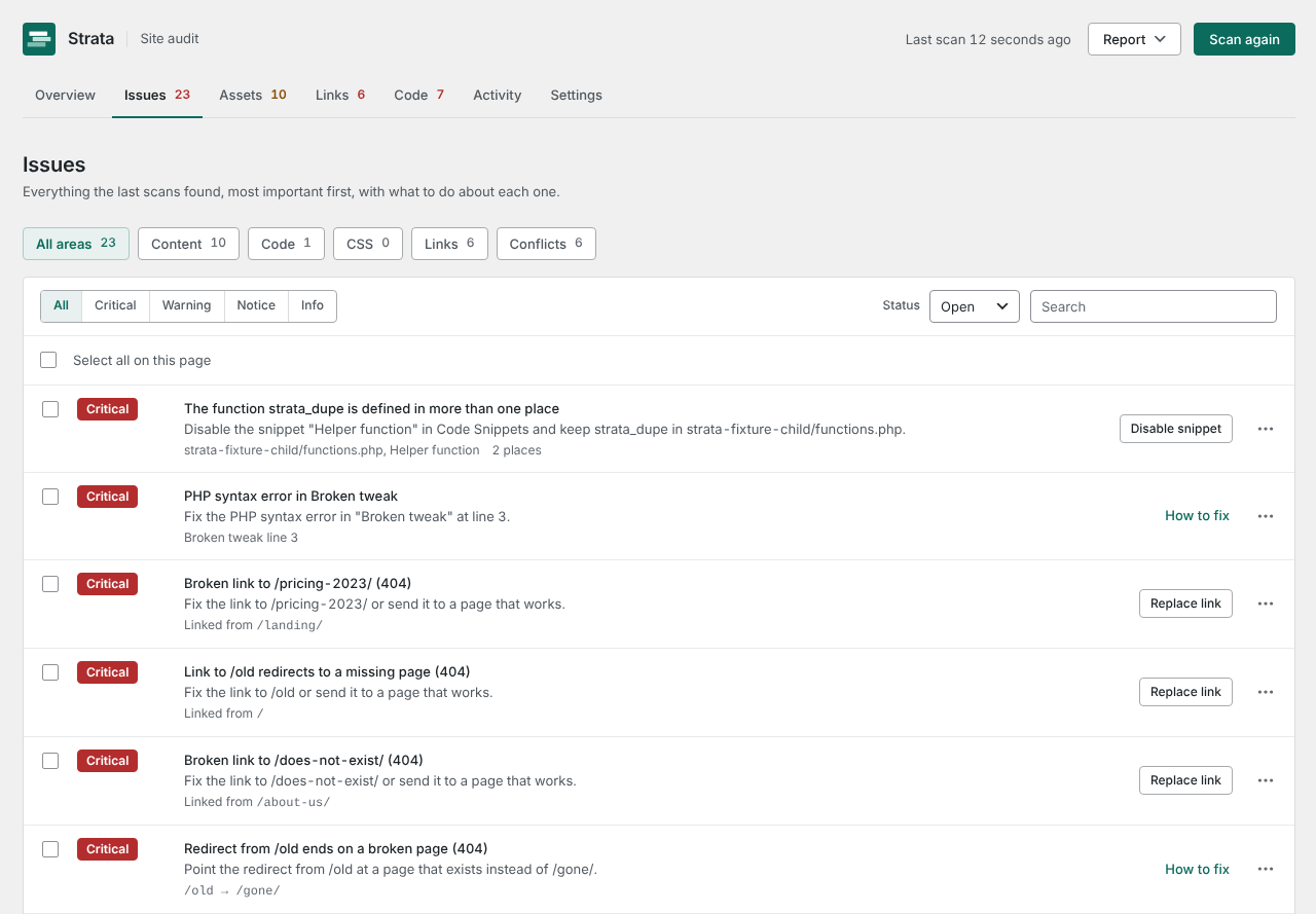 The Issues screen: filters for each area and severity, then a list of critical issues such as a function defined twice and broken links, each with a line saying what to do and a Disable snippet or Replace link button.